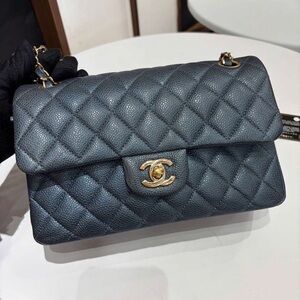 CHANEL Cc Classic Small Double Flap Handbag Caviar Leather Gold Hardware Navy